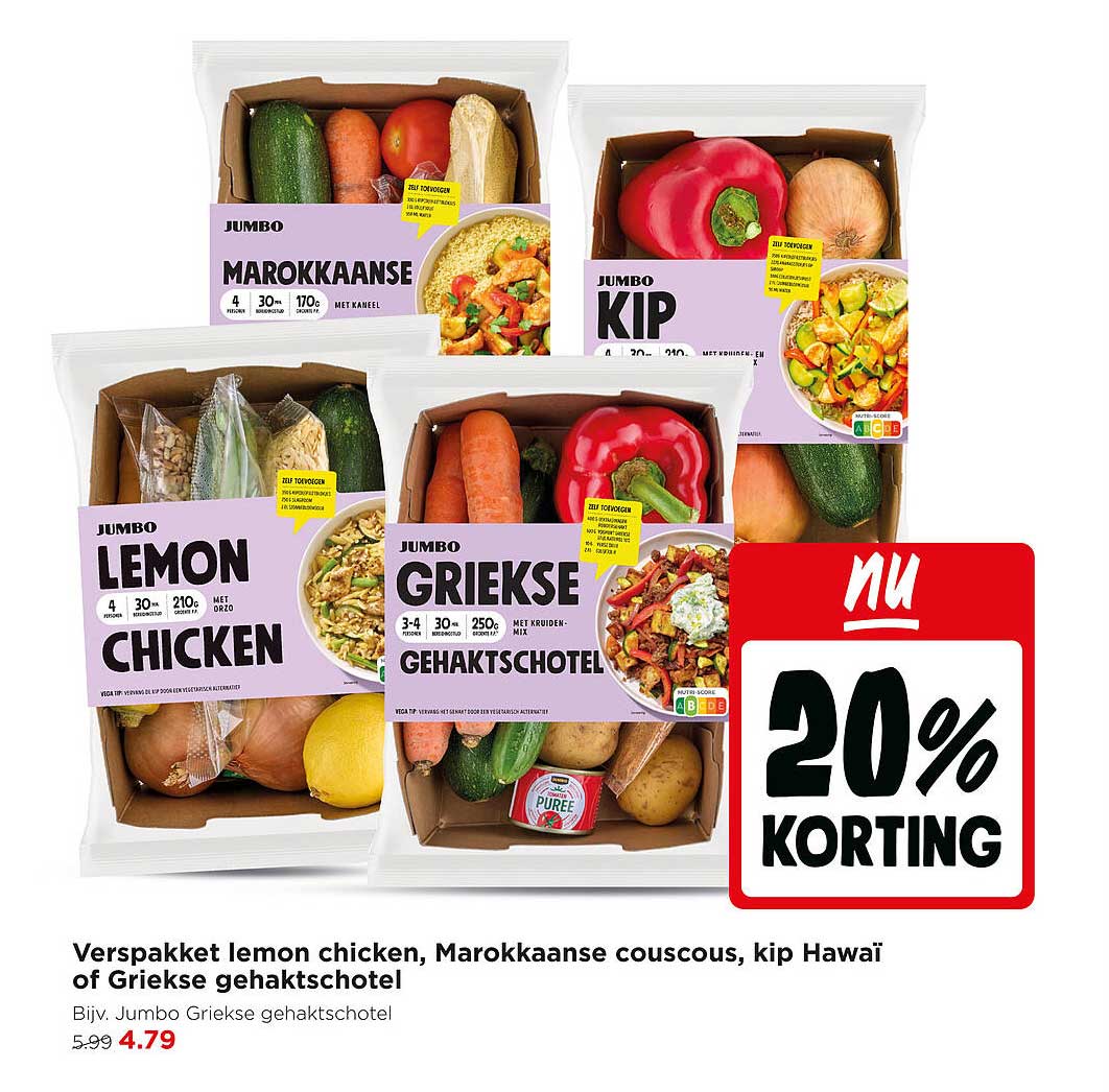 Verspakket lemon chicken, Marokkaanse couscous, kip Hawaï of Griekse gehaktschotel 20% korting