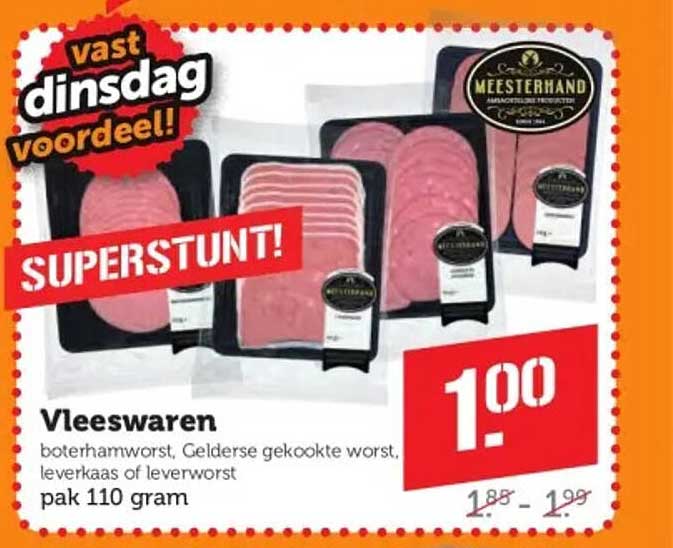 Vleeswaren boterhamworst, Gelderse gekookte worst, leverkaas of leverworst pak 110 gram SUPERSSTUNT! vast dinsdag voordeel!