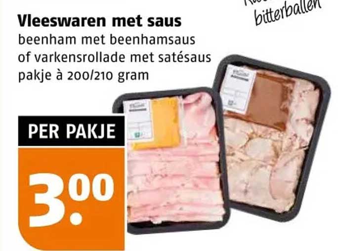 Vleeswaren met saus beenham met beenhamsaus of varkensrollade met satésaus pakje à 200/210 gram