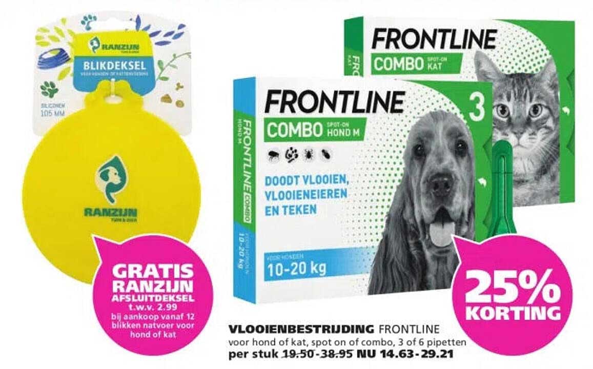 Vlooienbestrijding Frontline voor hond of kat, spot-on of combo, 3 of 6 pipetten 25% korting