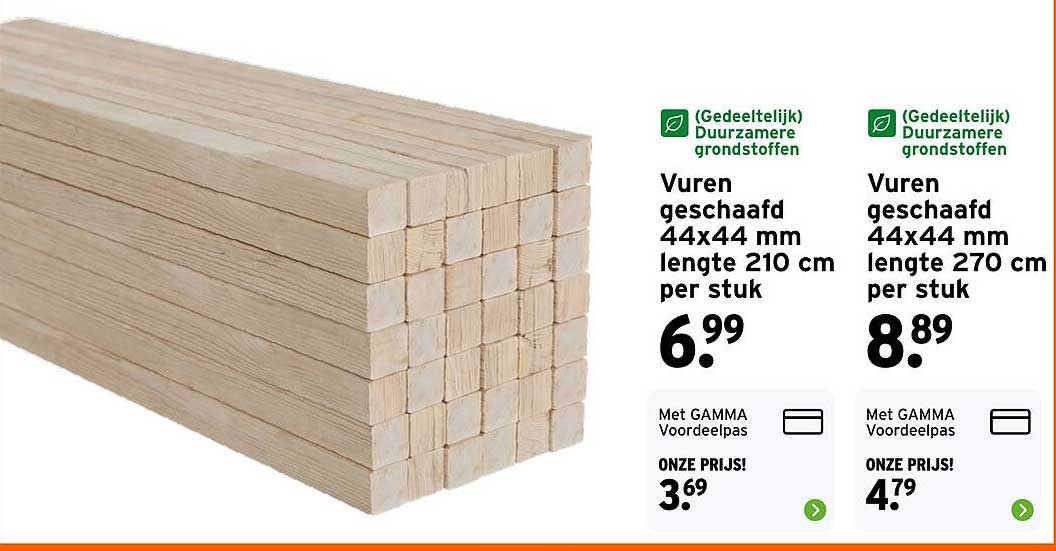 Vuren geschaafd 44x44 mm lengte 210 cm per stuk