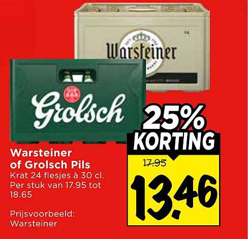 Warsteiner of Grolsch Pils Krat 24 flesjes à 30 cl. Per krat van 17.95 tot 18.65 25% KORTING