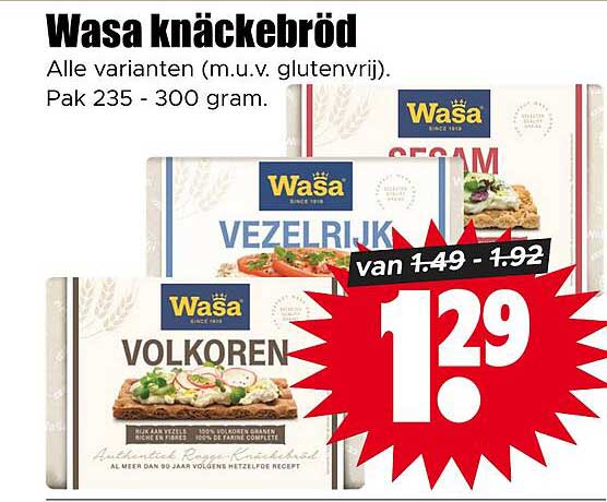 Wasa knäckebröd Alle varianten (m.u.v. glutenvrij). Pak 235 - 300 gram.