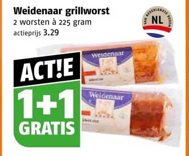 Weidenaar grillworst 2 worsten à 225 gram 1+1 GRATIS
