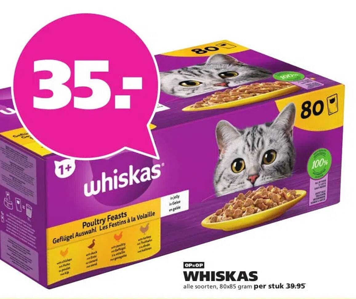 WHISKAS alle soorten, 80x85 gram per stuk