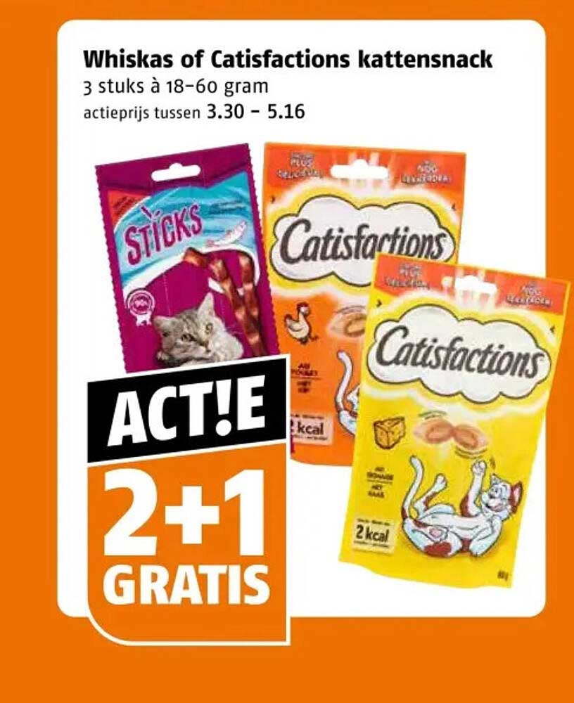 Whiskas of Catisfactions kattensnack 3 stuks à 18-60 gram ACTIE 2+1 GRATIS