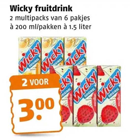 Wicky fruitdrink 2 multipacks van 6 pakjes à 200 ml/pakken à 1.5 liter 2 voor