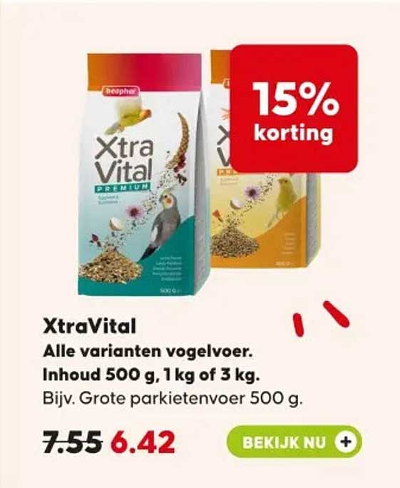 XtraVital Alle varianten vogelvoer. Inhoud 500 g, 1 kg of 3 kg. Bijv. Grote parkietenvoer 500 g. 15% korting
