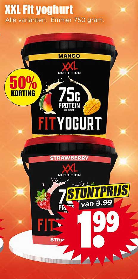 XXL Fit yoghurt Alle varianten. Emmer 750 gram. 50% KORTING