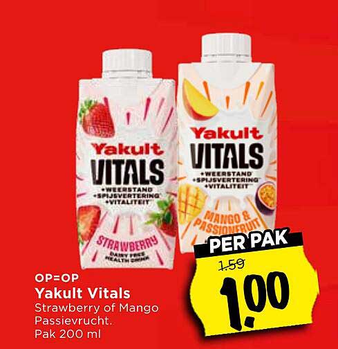 Yakult Vitals Strawberry of Mango Passievrucht. Pak 200 ml PER PAK