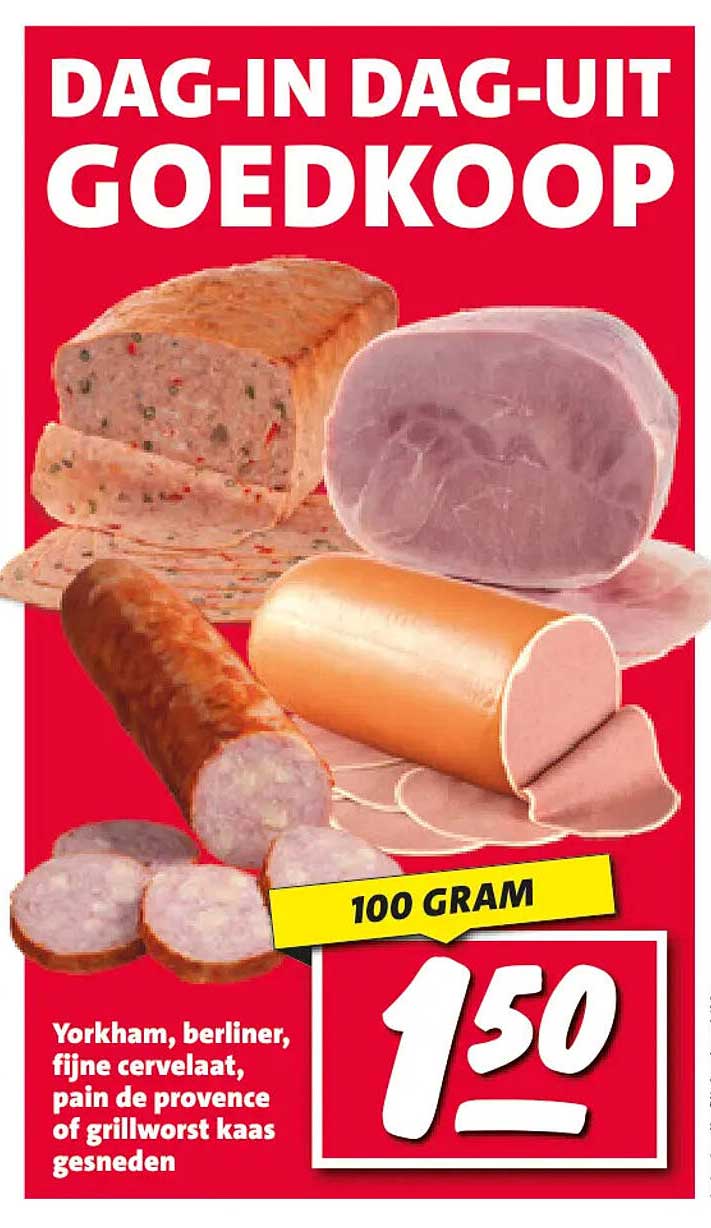Yorkham, berliner, fijne cervelaat, pain de provence of grillworst kaas gesneden