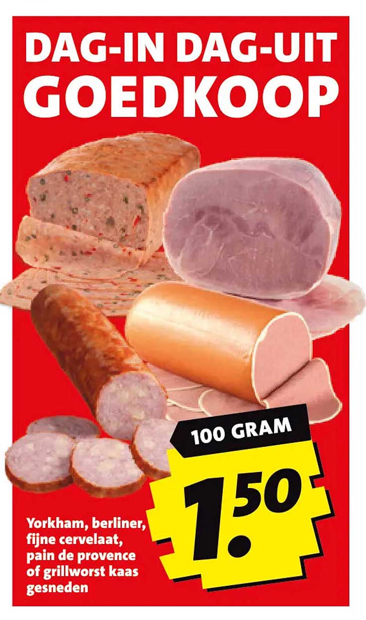 Yorkham, berliner, fijne cervelaat, pain de provence of grillworst kaas gesneden