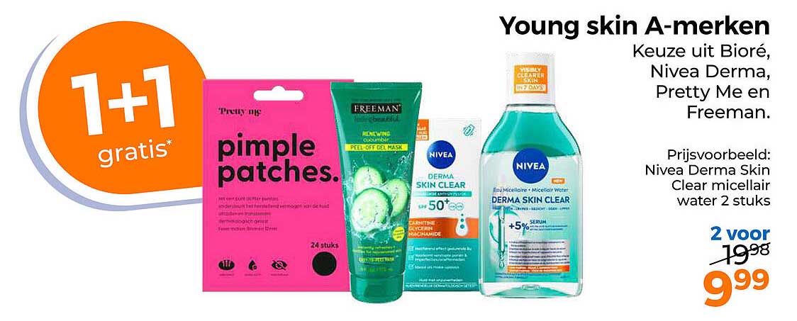 Young skin A-merken 1+1 gratis