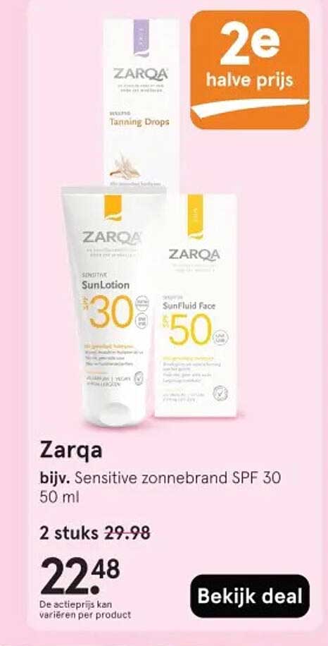 Zarqa, bijv. Sensitive zonnebrand SPF 30 50 ml 2e halve prijs