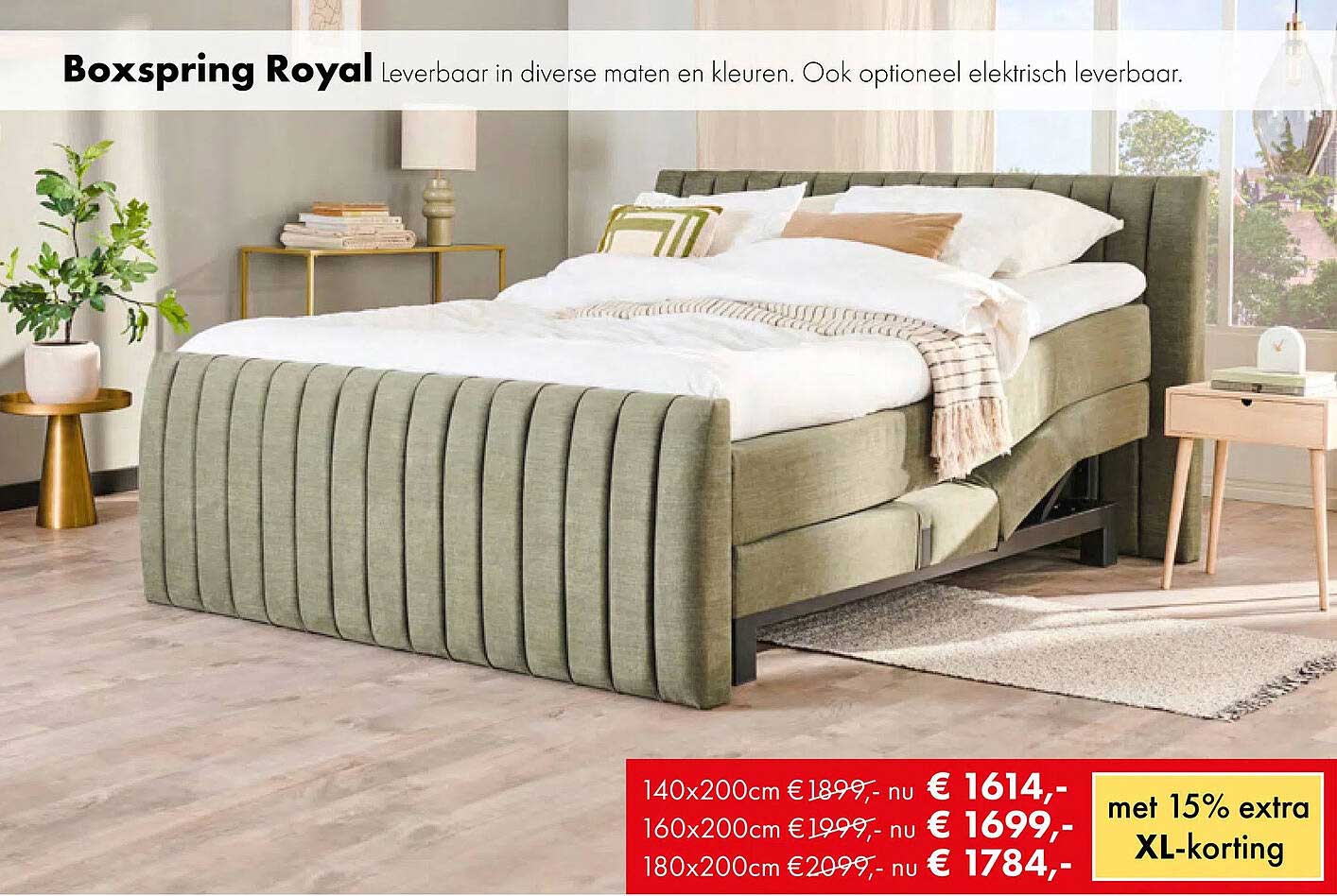 Boxspring Royal leverbaar in diverse maten en kleuren. Ook optioneel elektrisch leverbaar.
