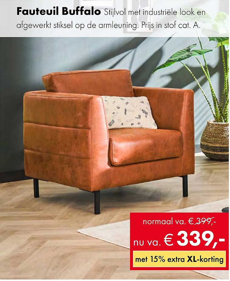 Fauteuil Buffalo Stijlvol met industriële look en afgewerkt stiksel op de armleuning. Prijs in stof cat. A.