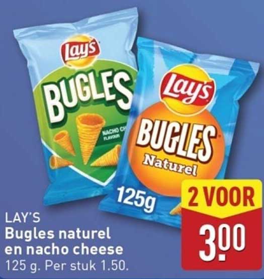 LAY’S Bugles naturel en nacho cheese 125 g. Per stuk 1.50.