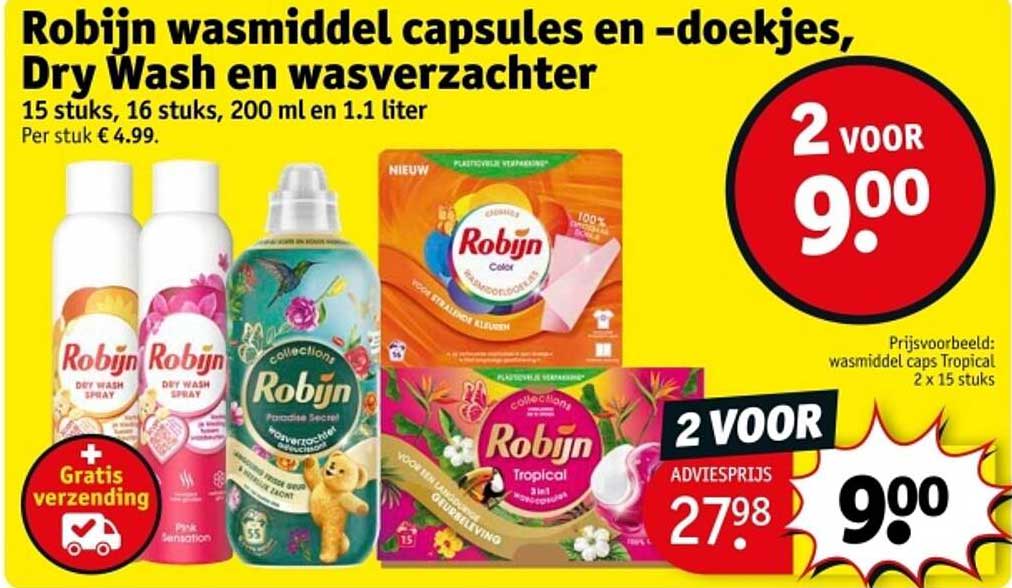 Robijn wasmiddel capsules en -doekjes, Dry Wash en wasverzachter