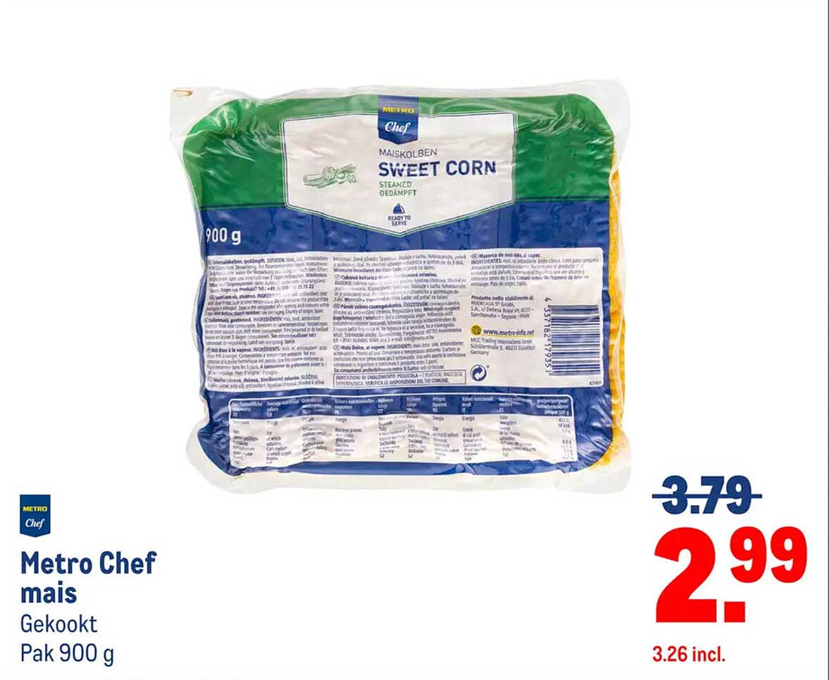 Metro Chef mais Gekookt Pak 900 g