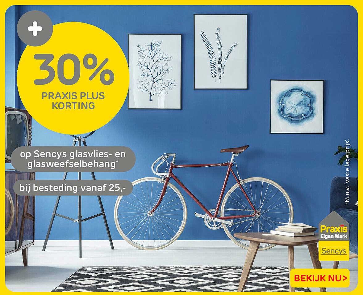 30% Praxis Plus korting op Sencys glasvlies- en glasweefselbehang bij besteding vanaf 25,-