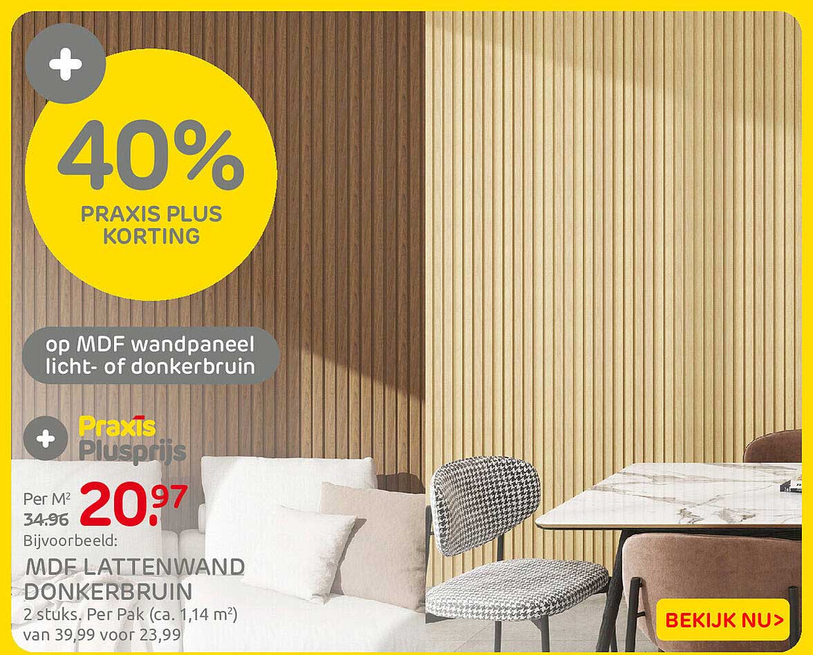 40% Praxis Plus Korting op MDF wandpaneel licht- of donkerbruin
