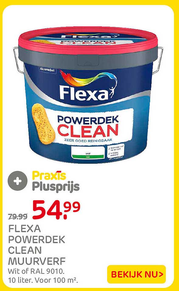 FLEXA POWERDEK CLEAN MUURVERF Wit of RAL 9010. 10 liter. Voor 100 m².