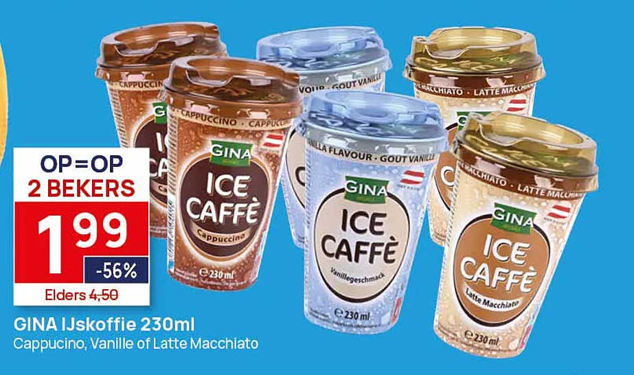 GINA IJskoffie 230ml Cappucino, Vanille of Latte Macchiato OP=OP 2 BEKERS