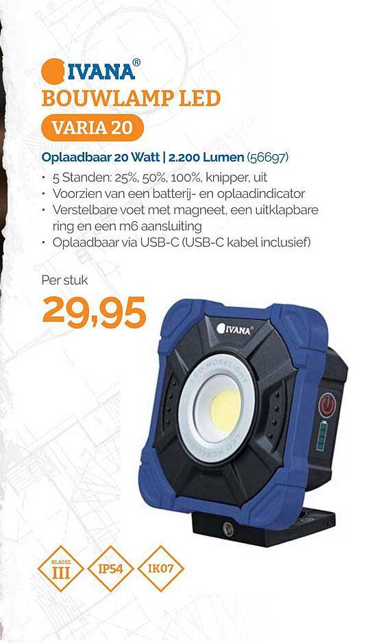 IVANA BOUWLAMP LED VARIA 20 Oplaadbaar 20 Watt | 2.200 Lumen (56697)