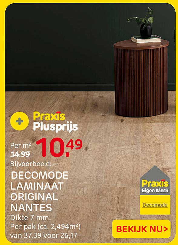 Praxis Plusprijs Per m² DECOMODE LAMINAAT ORIGINAL NANTES Dikte 7 mm. Per pak (ca. 2,494m²) van 37,39 voor 26,17