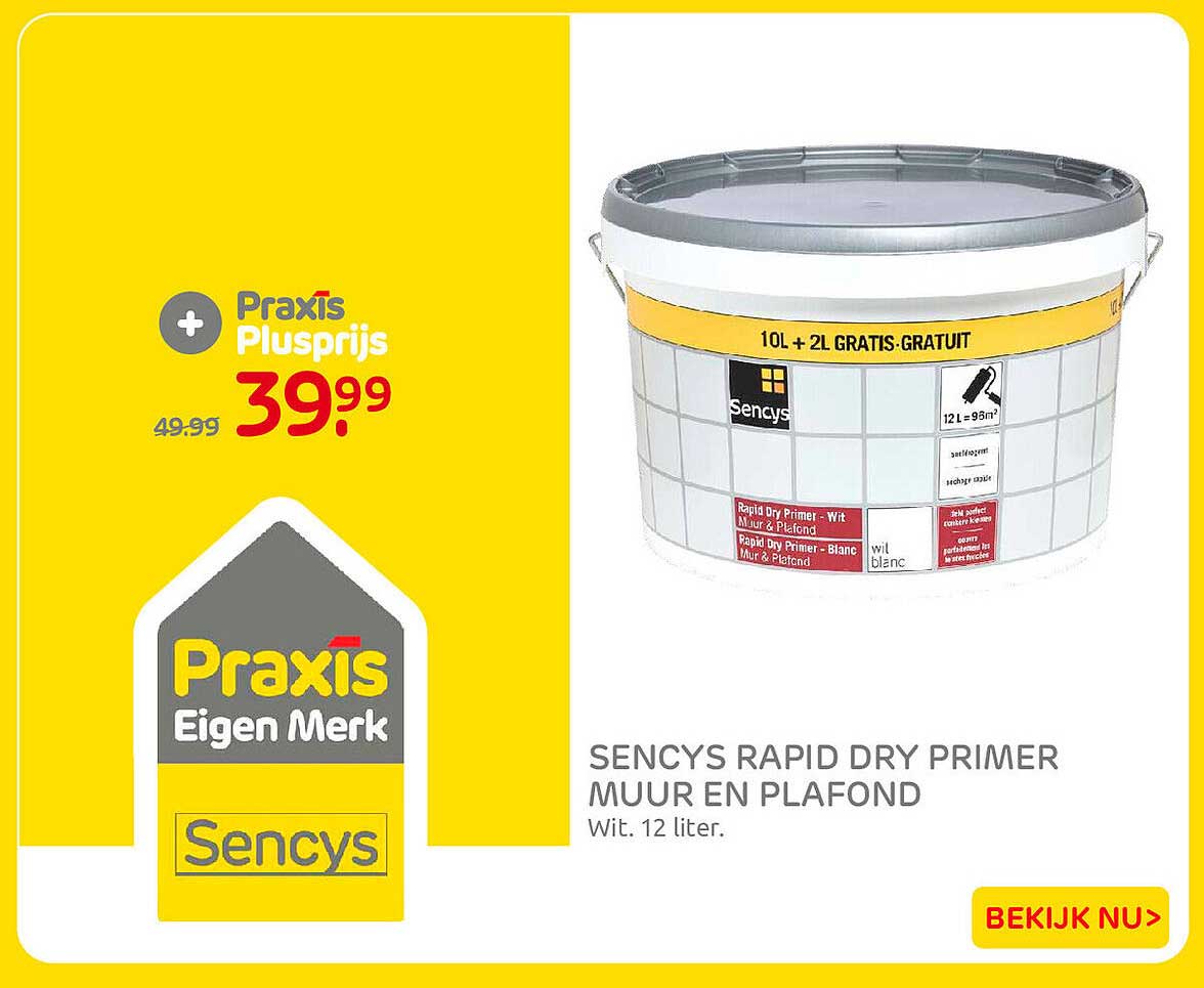 Sencys Rapid Dry Primer Muur en plafond Wit. 12 liter. 10L + 2L GRATIS-GRATUIT