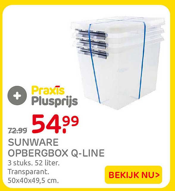 SUNWARE OPBERGBOX Q-LINE 3 stuks. 52 liter. Transparant. 50x40x49,5 cm.