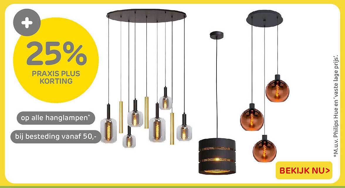 25% Praxis Plus korting op alle hanglampen bij besteding vanaf 50,-