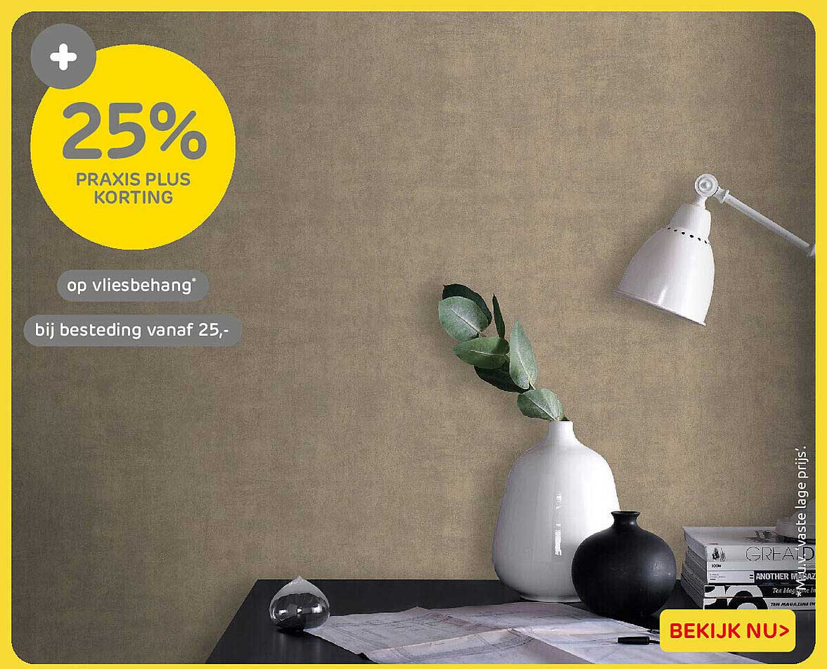 25% Praxis Plus korting op vliesbehang bij besteding vanaf 25,-