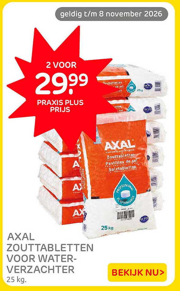 AXAL ZOUTTABLETTEN VOOR WATER-VERZACHTER 25 kg. 2 VOOR