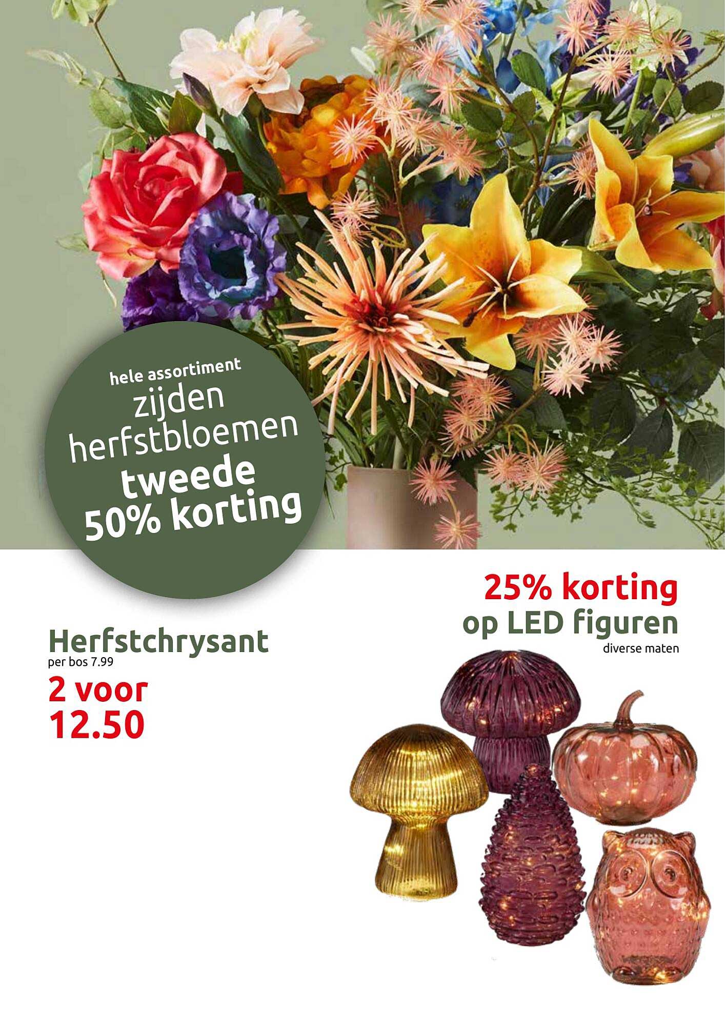 hele assortiment zijden herfstbloemen tweede 50% korting