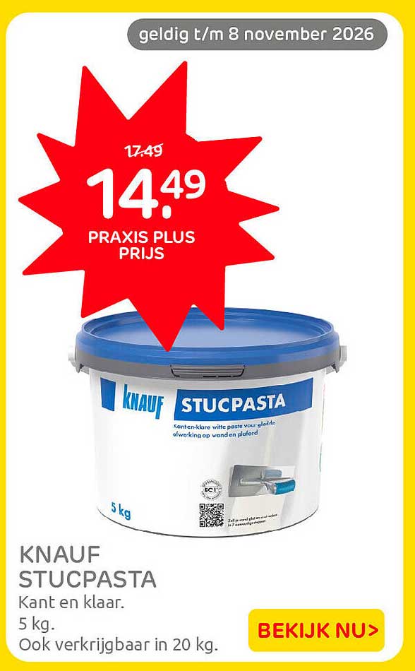 KNAUF STUCPASTA Kant en klaar. 5 kg. Ook verkrijgbaar in 20 kg.