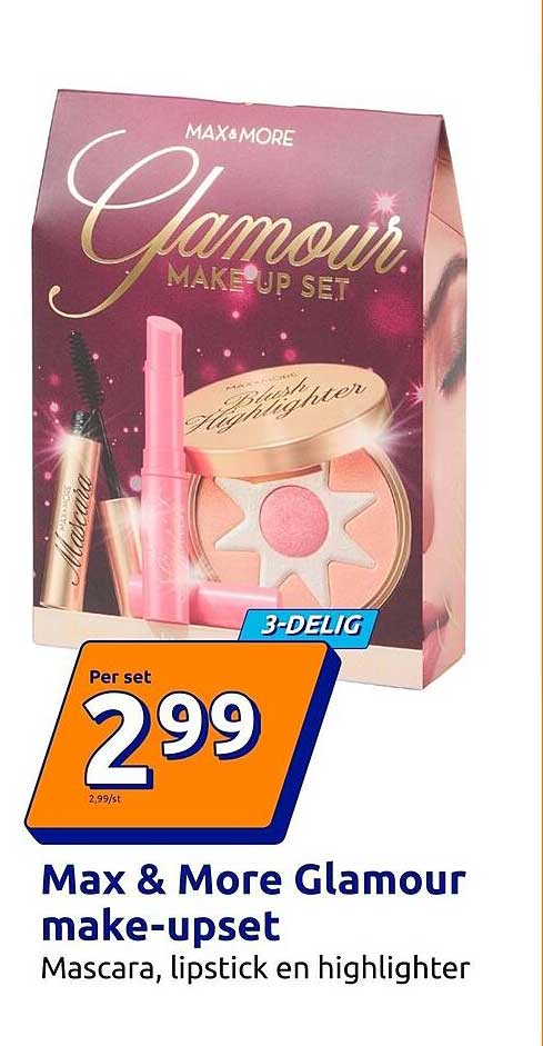 Max & More Glamour make-upset Mascara, lipstick en highlighter 3-DELIG
