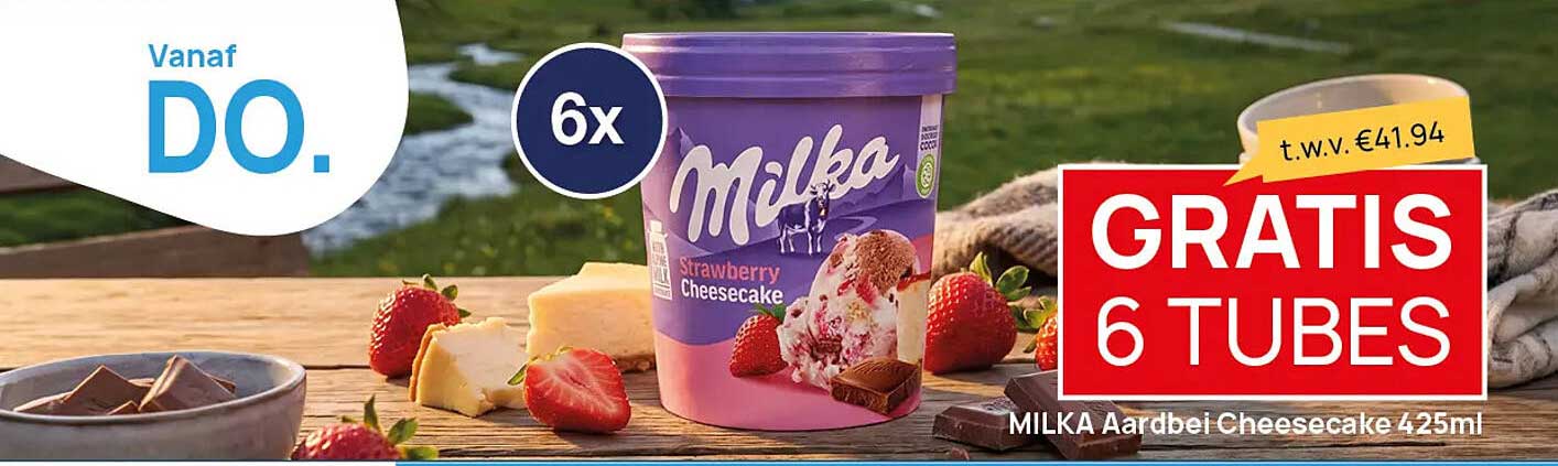 MILKA Aardbei Cheesecake 425ml GRATIS 6 TUBES