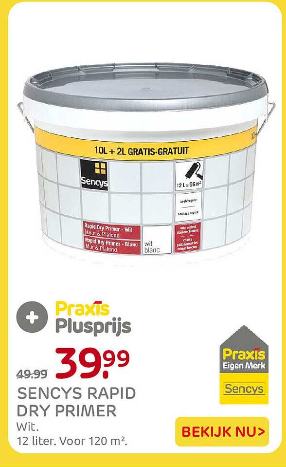 Sencys Rapid Dry Primer Wit 12 liter. Voor 120 m². 10L + 2L gratis-gratuit