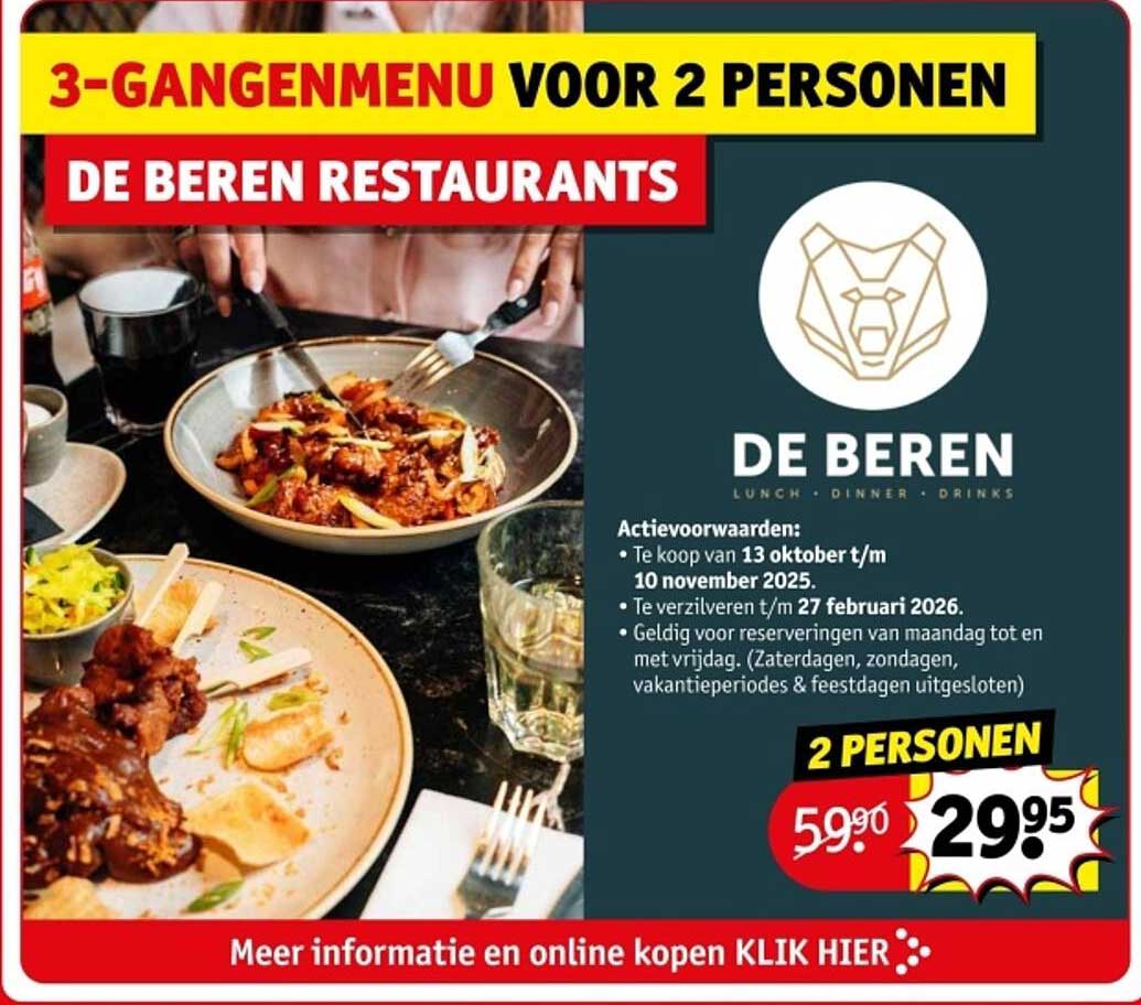 3-GANGENMENU VOOR 2 PERSONEN DE BEREN RESTAURANTS