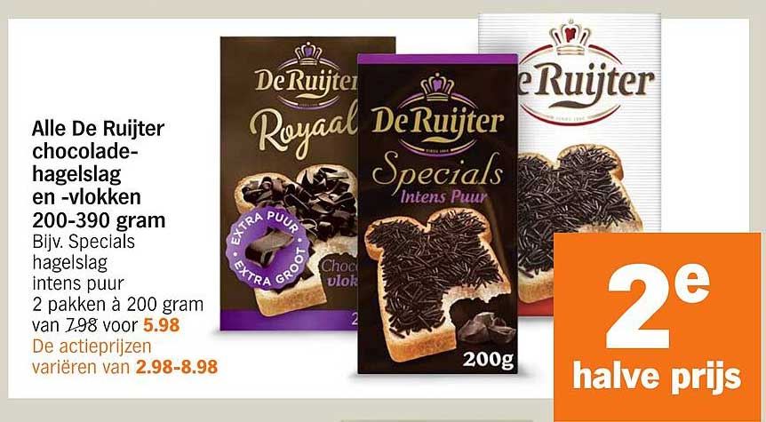 Alle De Ruijter chocolade-hagelslag en -vlokken 200-390 gram