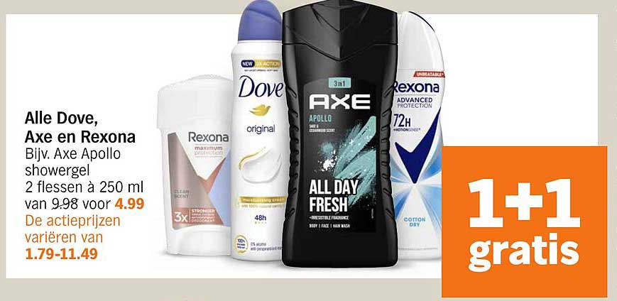 Alle Dove, Axe en Rexona Bijv. Axe Apollo showergel 2 flessen à 250 ml van 9,98 voor 4,99
