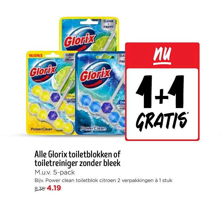 Alle Glorix toiletblokken of toiletreiniger zonder bleek M.u.v. 5-pack