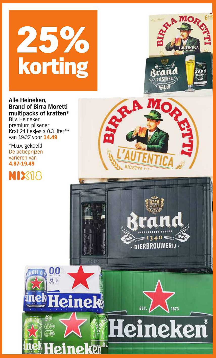 Alle Heineken, Brand of Birra Moretti multipacks of kratten* Bijv. Heineken premium pilsener Krat 24 flesjes à 0.3 liter** van 19.32 voor 14.49