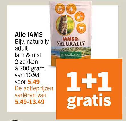 Alle IAMS Bijv. naturally adult lam & rijst 2 zakken à 700 gram van 10.98 voor 5.49