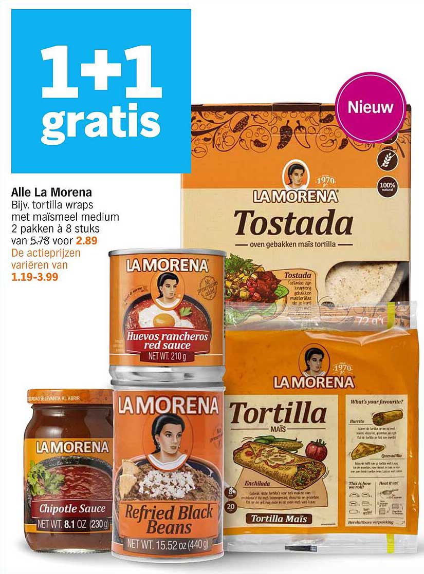 Alle La Morena Bijv. tortilla wraps met maïsmeel medium 2 pakken à 8 stuks van 5.78 voor 2.89