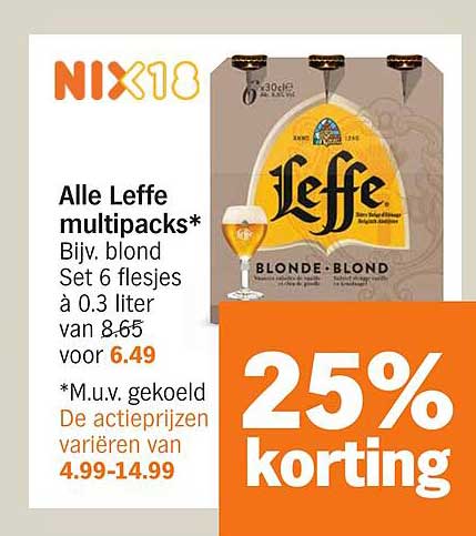 Alle Leffe multipacks* Bijv. blond Set 6 flesjes à 0.3 liter van 8.65 voor 6.49