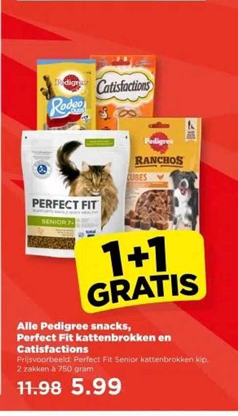 Alle Pedigree snacks, Perfect Fit kattenbrokken en Catisfactions