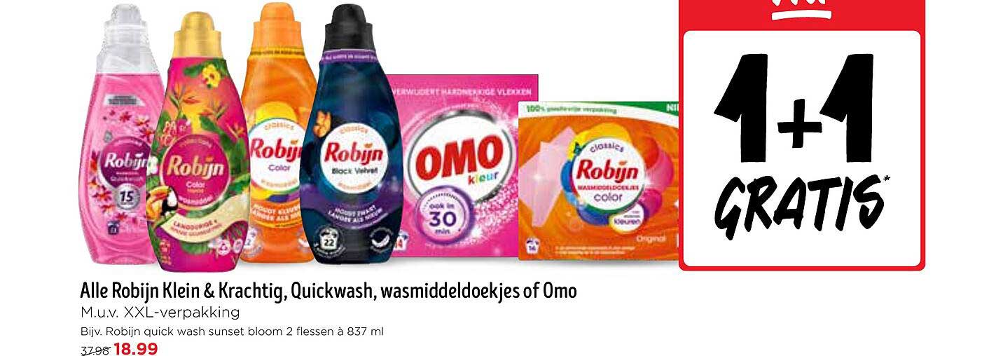 Alle Robijn Klein & Krachtig, Quickwash, wasmiddeldoekjes of Omo M.u.v. XXL-verpakking