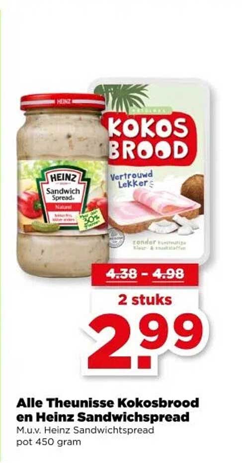 Alle Theunisse Kokosbrood en Heinz Sandwichspread M.u.v. Heinz Sandwichspread pot 450 gram